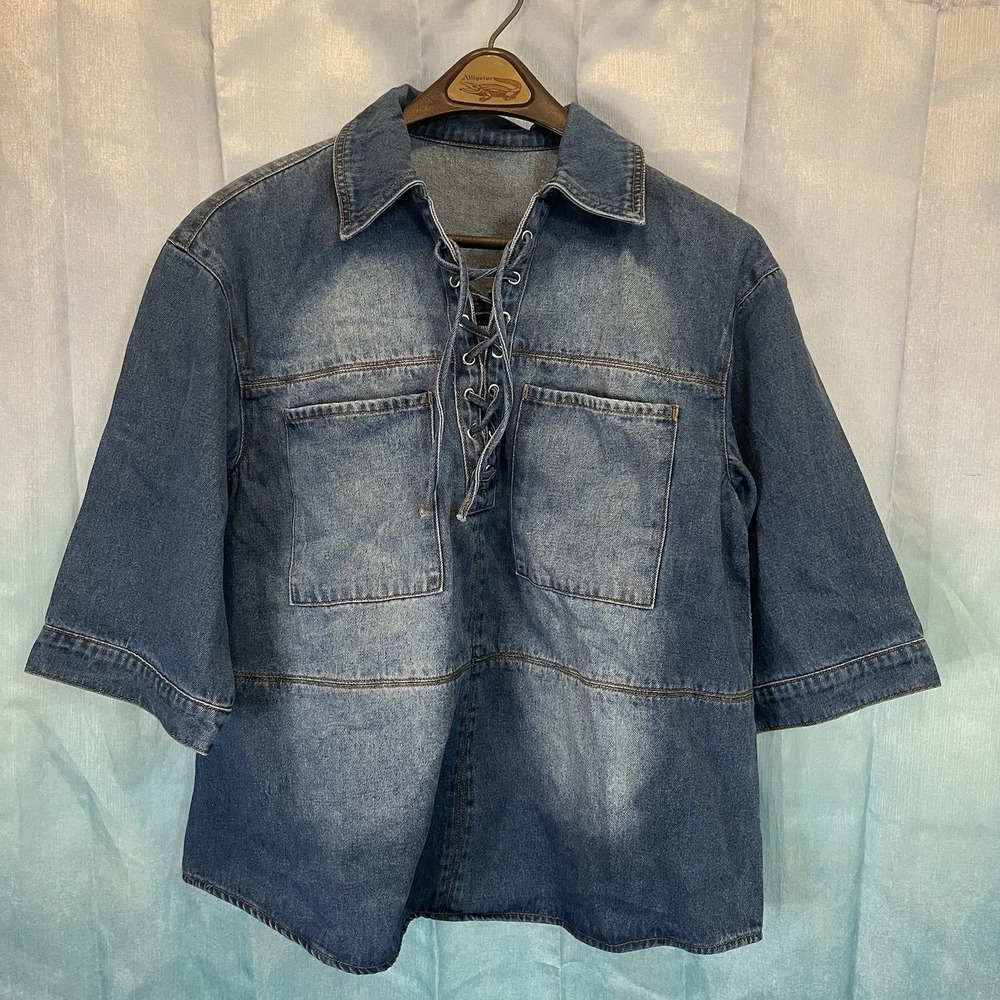 NWT New Collection Stone Wash Denim Lace Up‎ Casual Top Small